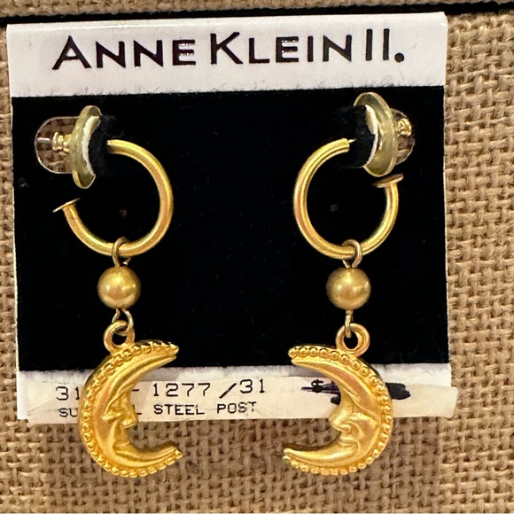 Anne Klein Jewelry - NWT Vintage Anne Klein Earrings “Old Stock” hoops w/ crescent moon face, gold